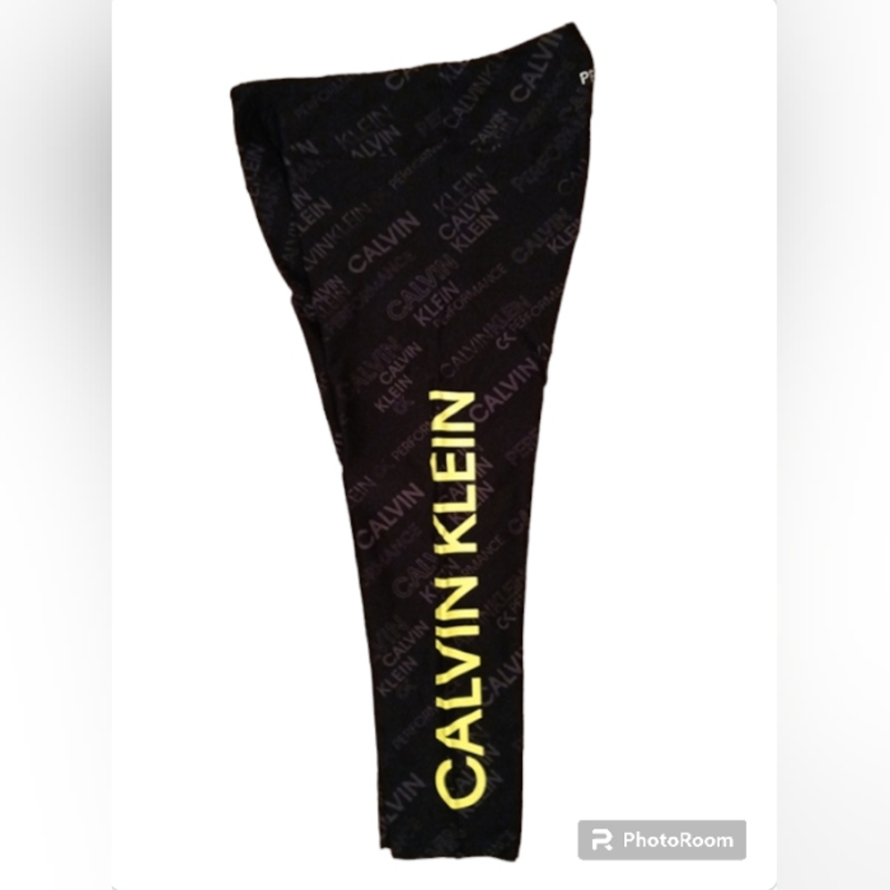 Calvin Klein Performance Capri Leggings Black, Grey Logos & Neon Yellow Logo